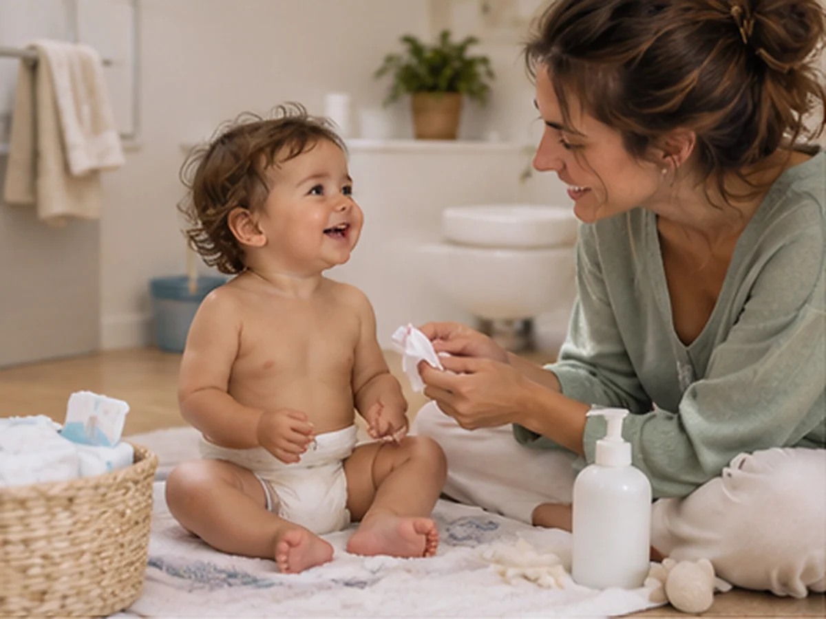 Niño pequeño practicando el uso del orinal con apoyo tranquilo