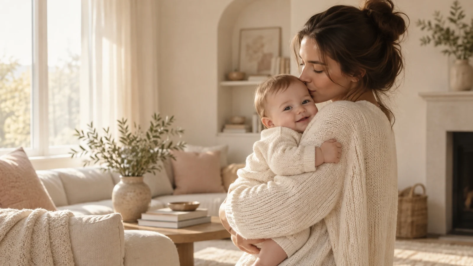 Madre abrazando a su bebé en casa